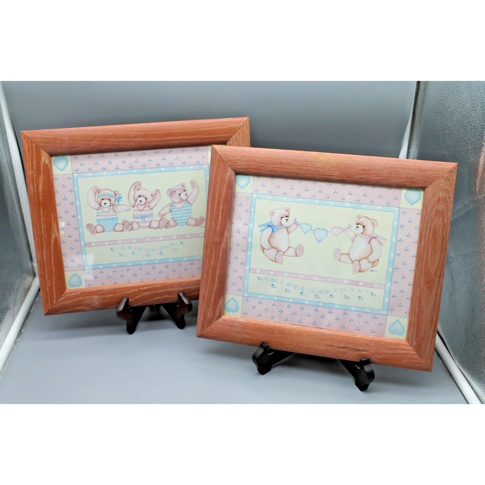 Set of 2 Vintage 1980s Teddy Bear Country Cottagecore Grannycore Framed Art